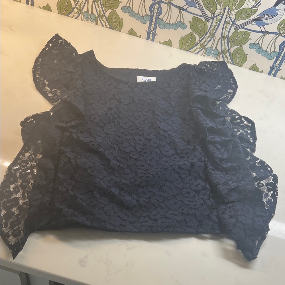 Koch Navy Lace Blouse with Ruffle Sleeves